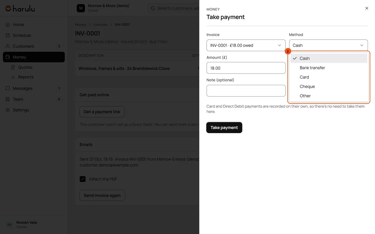 The Record payment form on an invoice, with the Method list open to choose how the customer paid, such as cash, cheque or bank transfer.