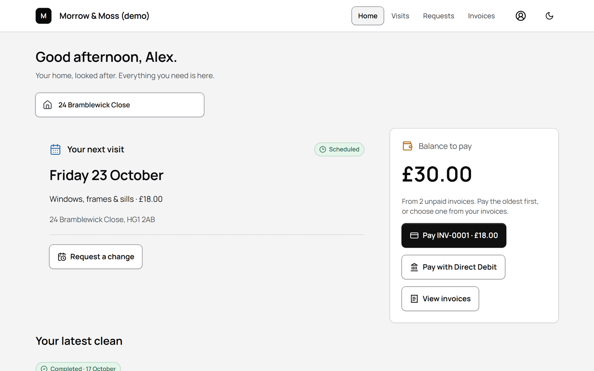The customer portal as a demo customer sees it: their next visit, the balance to pay, and buttons to pay or set up Direct Debit.