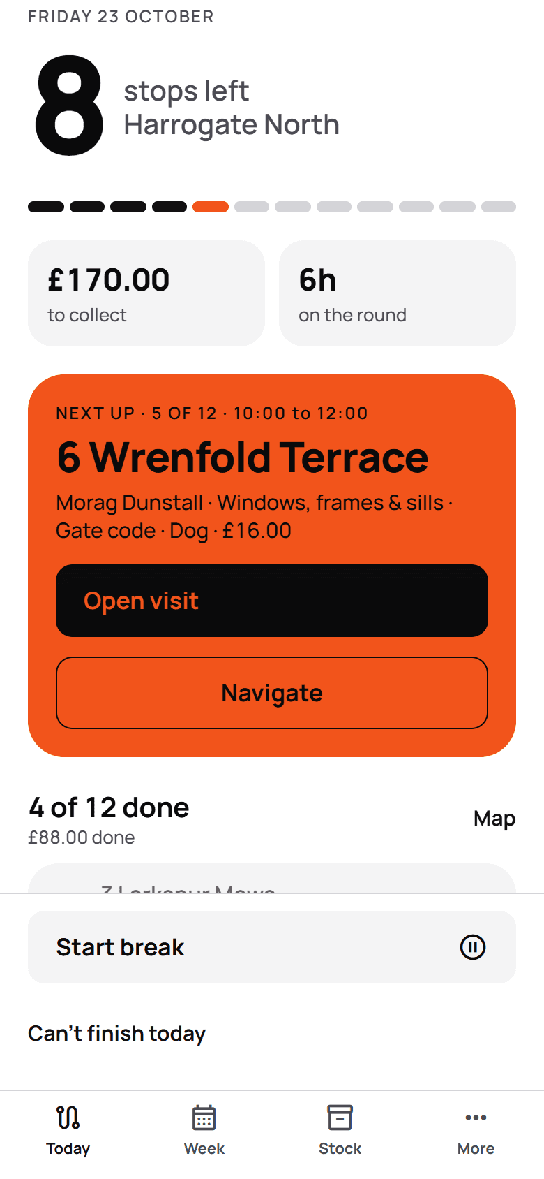 Today's visits in the harulu phone app for a demo business: 8 stops left, £170.00 to collect, and the next stop, 6 Wrenfold Terrace, with a gate code and a dog.