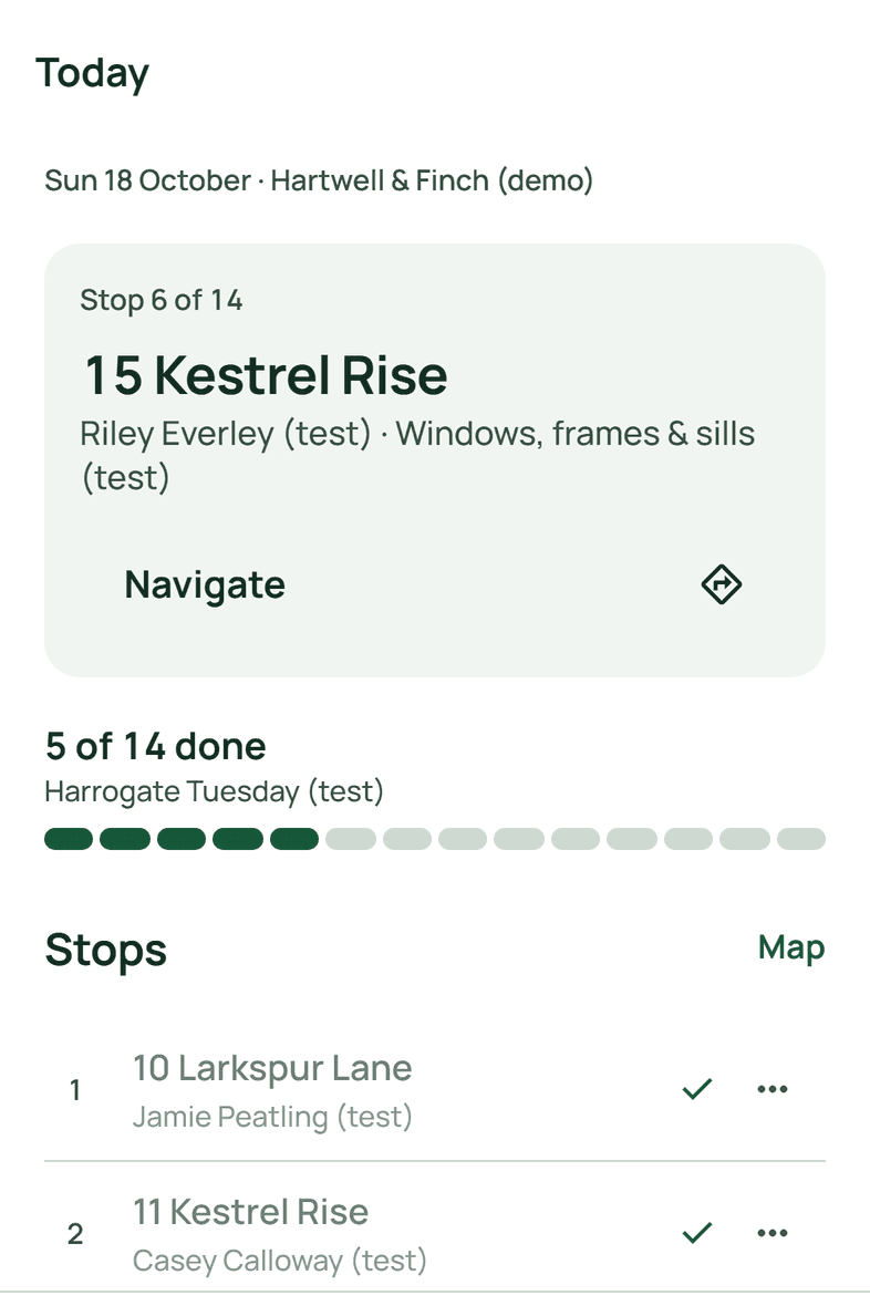 The harulu phone app's Today screen: the next stop with directions, 5 of 14 visits done and the list of stops.