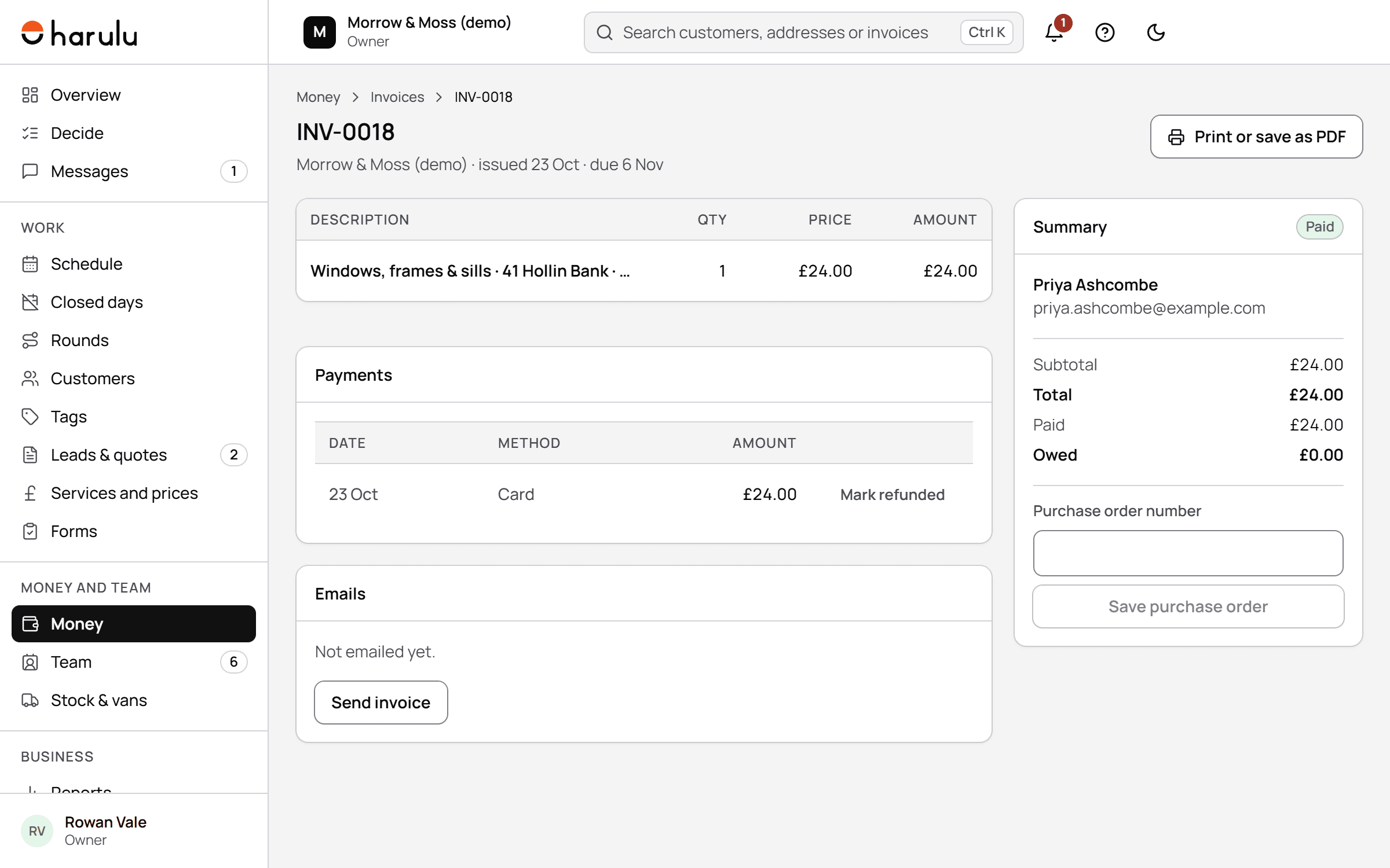 An invoice in the web admin for a demo business: the line, the card payment and what's owed.