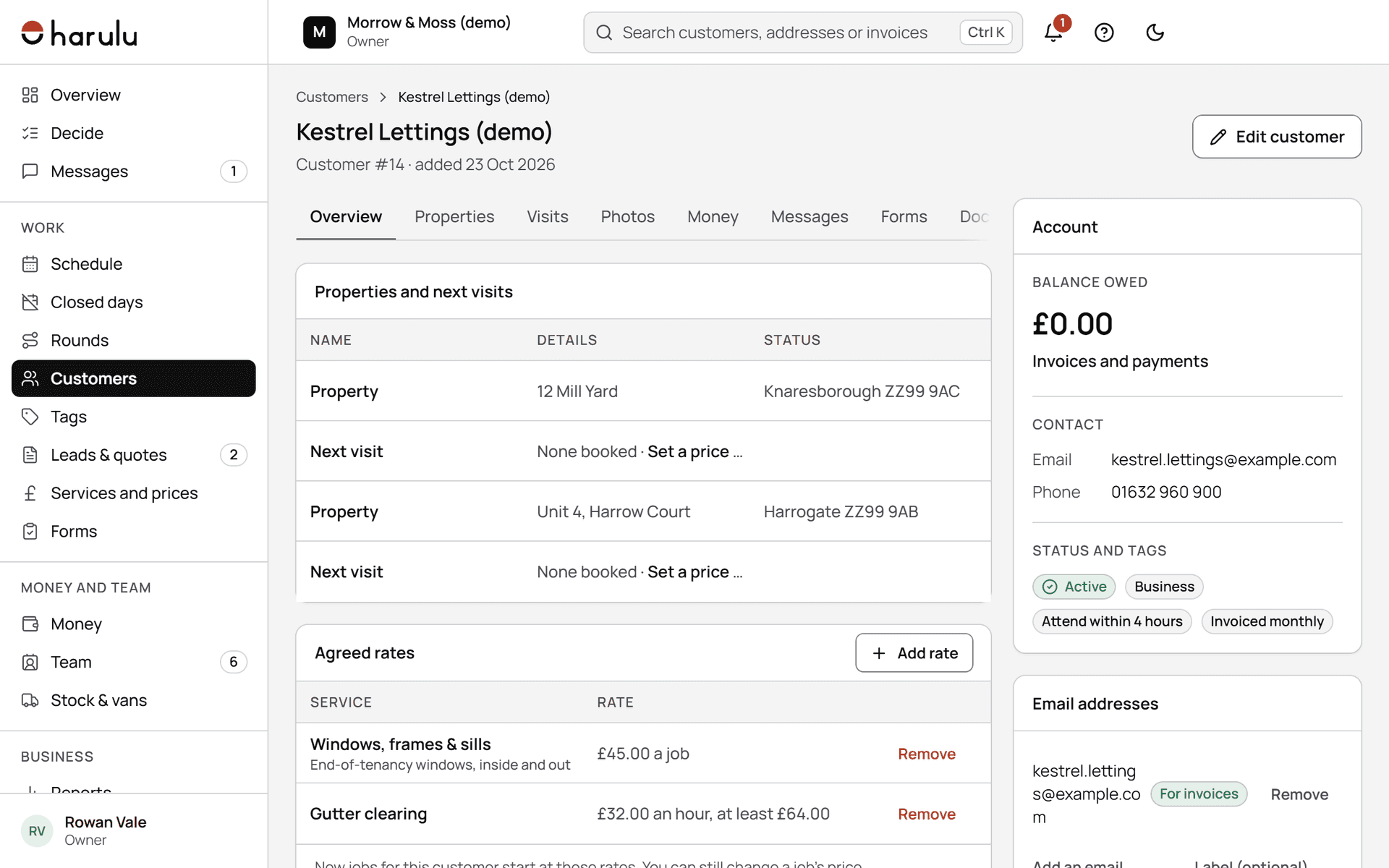 A demo business customer in the web admin: two sites, agreed rates for each service, a 4-hour response promise and monthly invoicing.