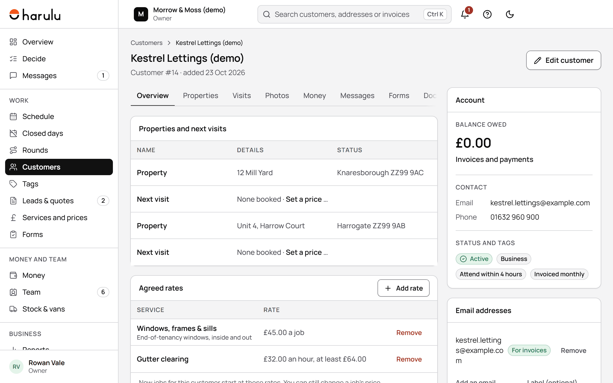 A demo business customer in the web admin: two sites, agreed rates for each service, a 4-hour response promise and monthly invoicing.