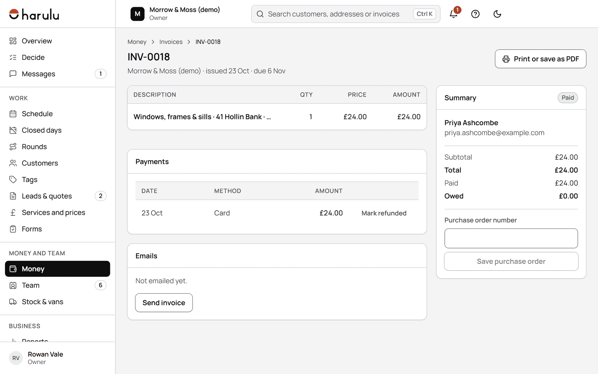 An invoice in the web admin for a demo business: the line, the card payment and what's owed.